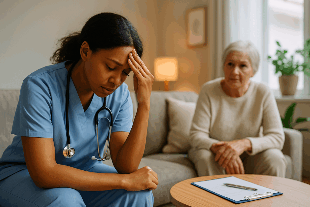 Tired home nurse sitting with medical notes while caring for a patient, showing emotional and physical challenges in home nursing care