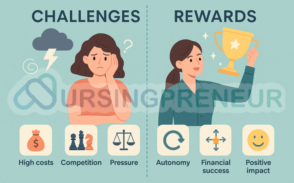 Infographic showing challenges and rewards of running a cosmetic nurse business in Australia with icons for costs, competition, autonomy, and success