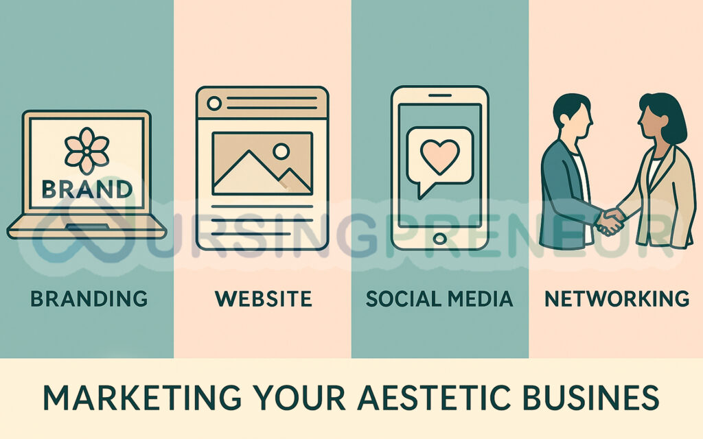 Infographic showing marketing strategies for cosmetic nurse business including branding, website, social media, and networking