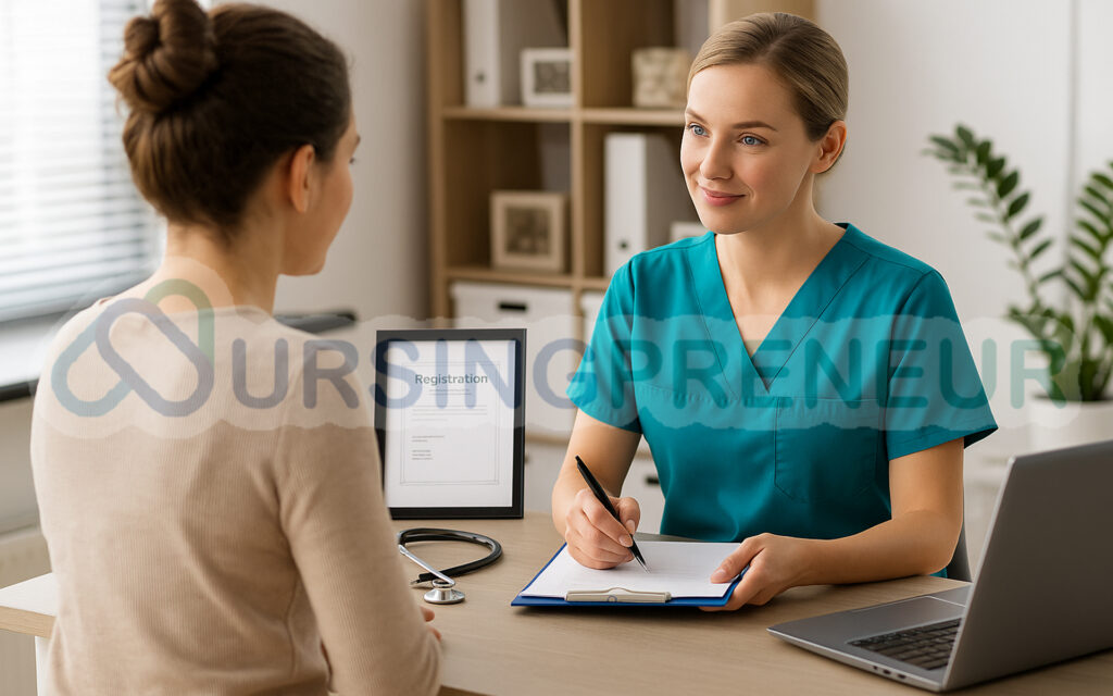 Cosmetic nurse consulting client with compliance certificate and checklist representing qualifications, regulation, and insurance in Australia