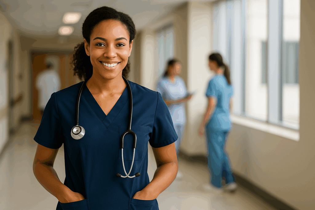 Folded scrubs with stethoscope showing nursing readiness and pride