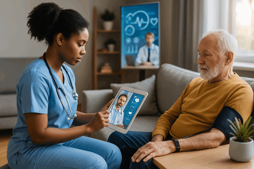 Home nurse using tablet for telehealth consultation while elderly patient wears health monitoring device in a cozy living room
