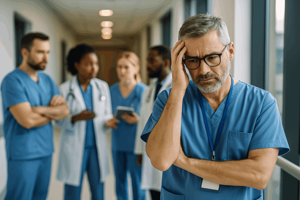 Healthcare team appearing stressed and uncertain, guided by a calm nursing consultant providing direction and clarity in a hospital setting.
