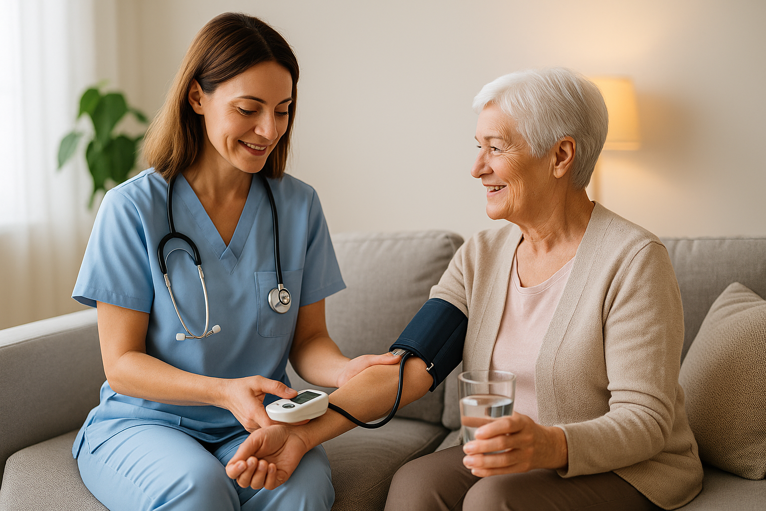 Home nurse checking blood pressure of elderly patient in a comfortable living room