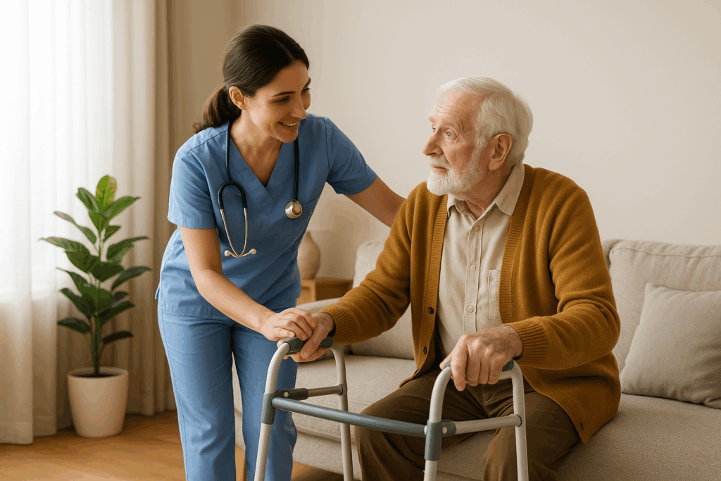 “Home nurse helping elderly patient with walker in a comfortable home environment