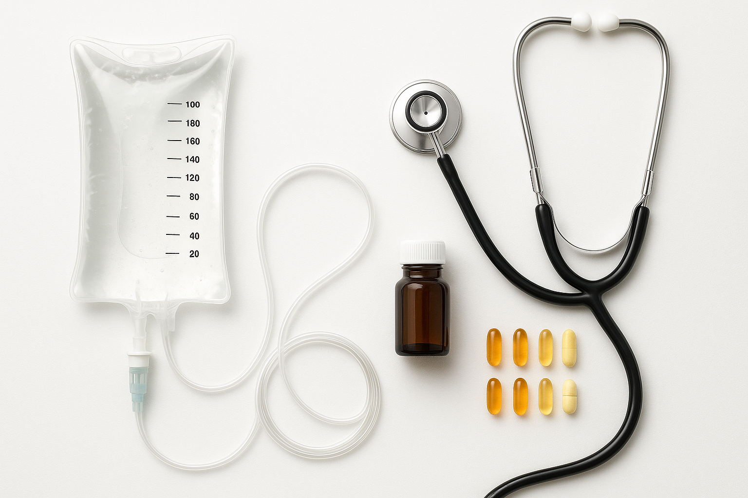IV hydration supplies including IV bag, tubing, and vitamins for nursing business