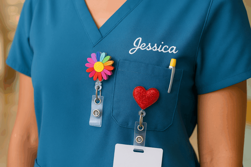 Close-up of nurse scrubs pocket with embroidered name, pen, and colorful badge reels showing personal touches
