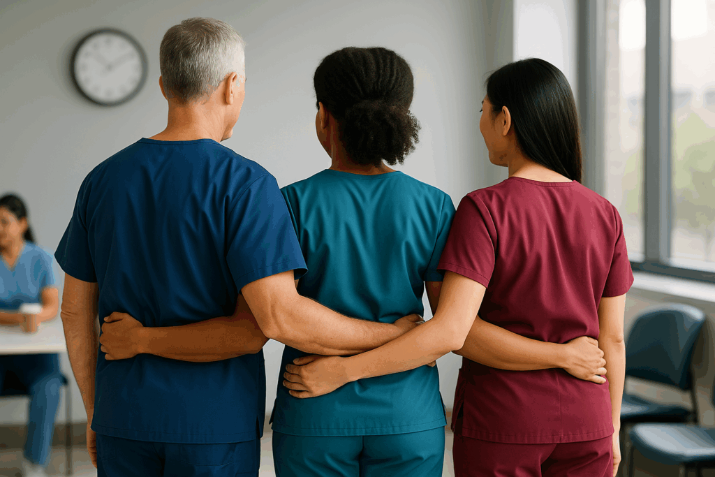 Group of diverse nurses in scrubs standing together with arms around each other symbolizing unity and solidarity