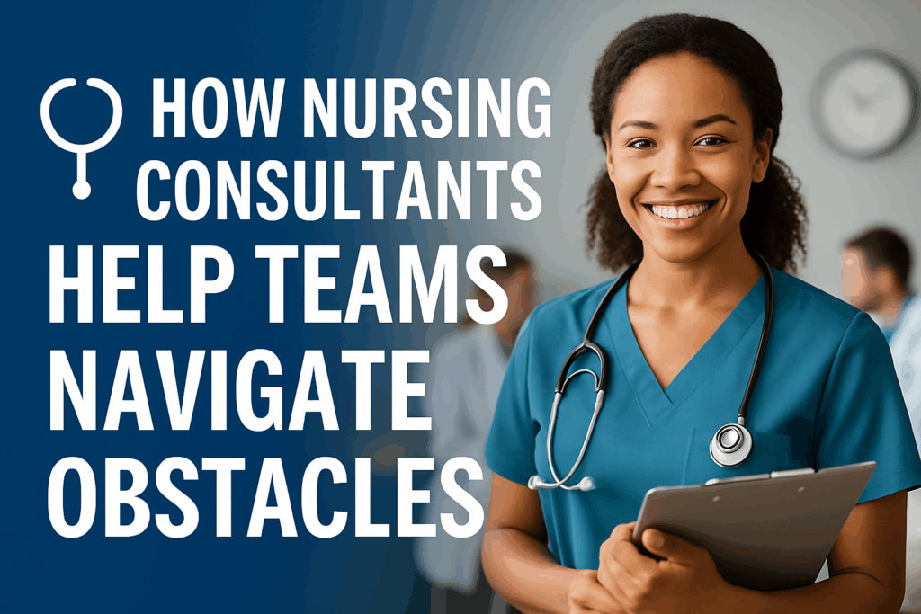Confident nursing consultant smiling with a clipboard in a modern healthcare setting, used as an attractive blog thumbnail image