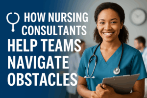 Confident nursing consultant smiling with a clipboard in a modern healthcare setting, used as an attractive blog thumbnail image
