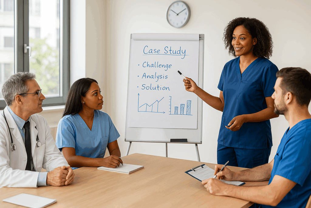 Nursing consultant presenting a case study to healthcare professionals, guiding the team through challenges, analysis, and solutions during a training session