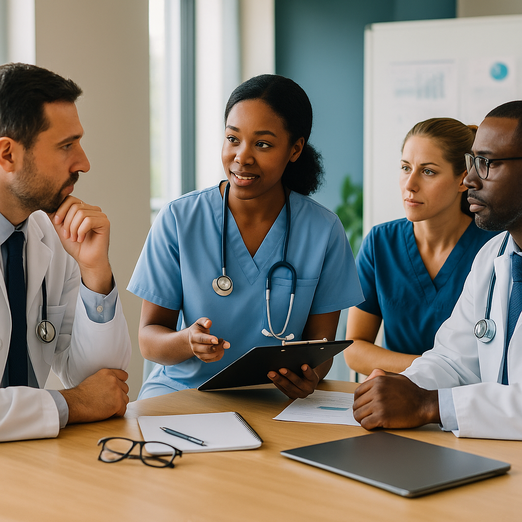 Nursing consultant leading a workshop with healthcare professionals, guiding team members in problem-solving and knowledge sharing in a hospital setting