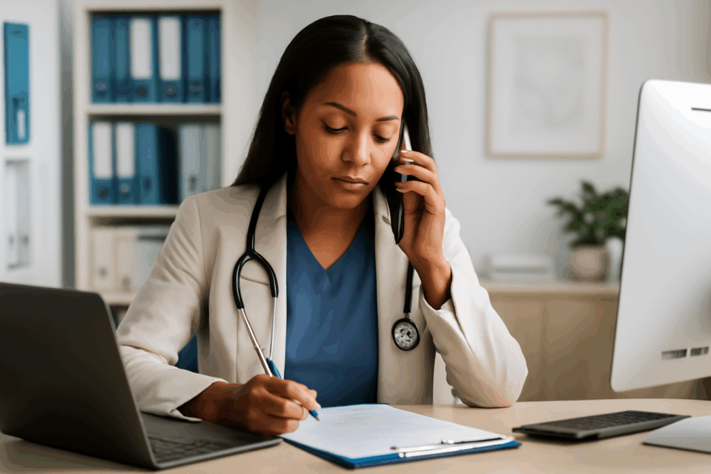 Nursing consultant working closely with a healthcare team, providing advice and conducting a training session in a professional healthcare setting