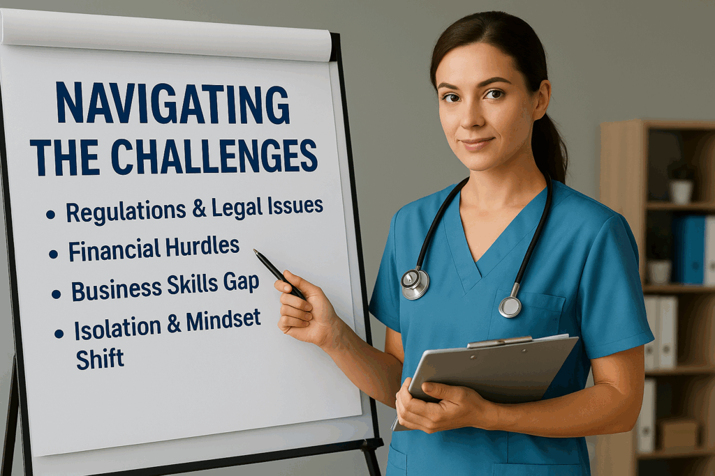 Nurse presenting key challenges in nursing entrepreneurship including legal issues, financial hurdles, skills gap, and isolation