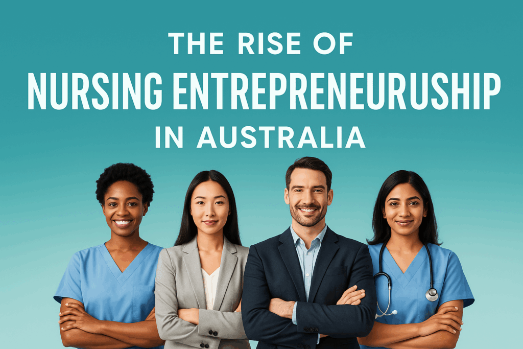 Header thumbnail showing diverse nurses in scrubs and business attire with bold title about nursing entrepreneurship in Australia