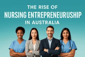Header thumbnail showing diverse nurses in scrubs and business attire with bold title about nursing entrepreneurship in Australia