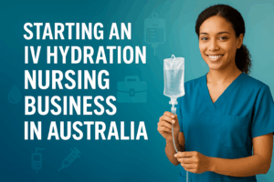 Unique blog header showing nurse holding IV hydration bag with bold title text and medical icons background