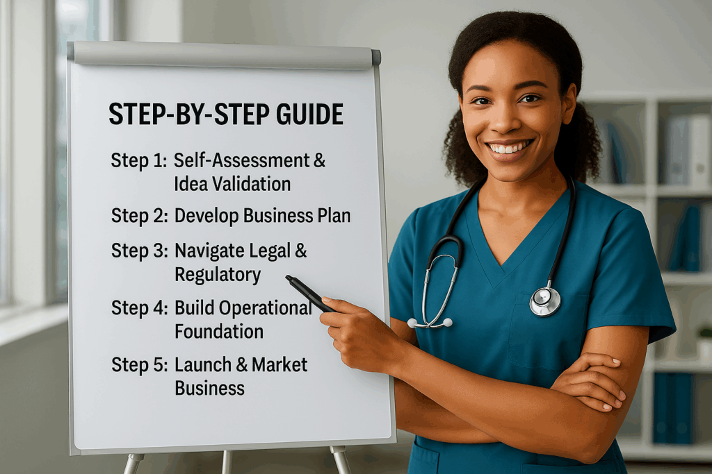 Nurse presenting step-by-step guide for starting a nursing business in Australia including assessment, planning, legal, operations, and launch