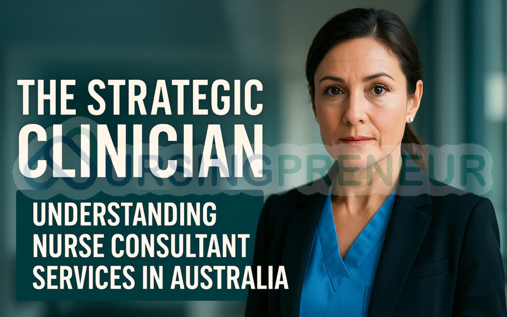 Confident nurse consultant in modern boardroom with city skyline, premium teal-gold lighting, hero header for Australian nurse consultant guide