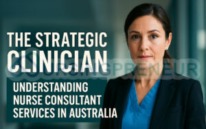 Confident nurse consultant in modern boardroom with city skyline, premium teal-gold lighting, hero header for Australian nurse consultant guide
