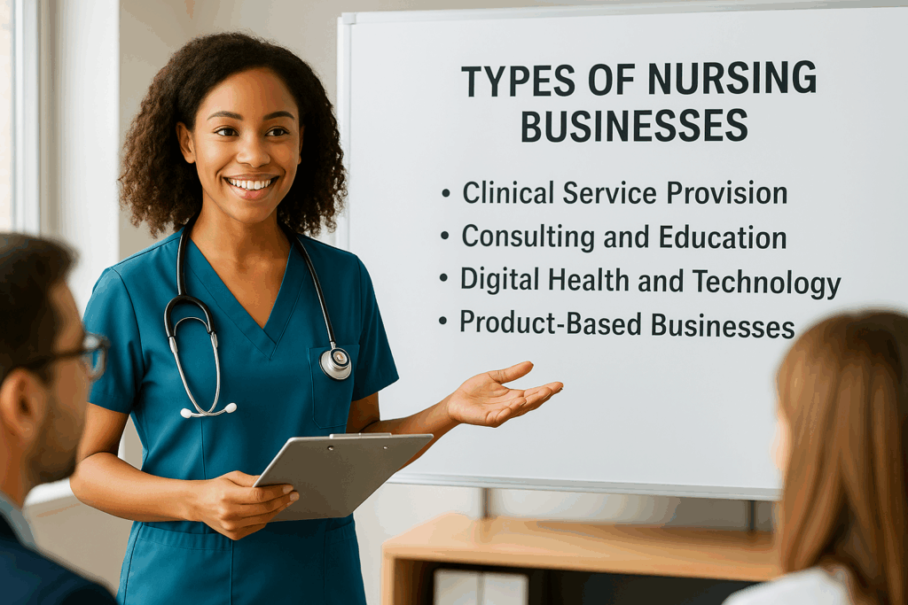 Nurse presenting spectrum of nursing business opportunities in Australia including clinical services, consulting, digital health, and product-based businesses