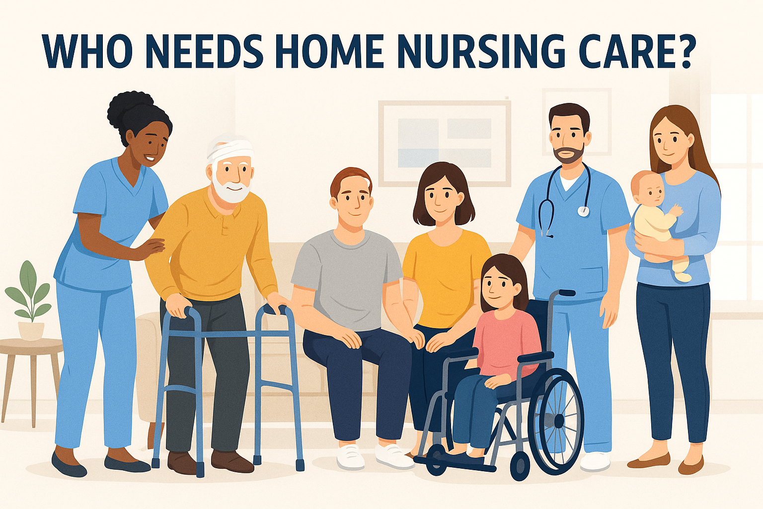 Diverse group including elderly patient, post-surgery patient, disabled person in wheelchair, young mother with baby, supported by home nurse in a cozy home environment