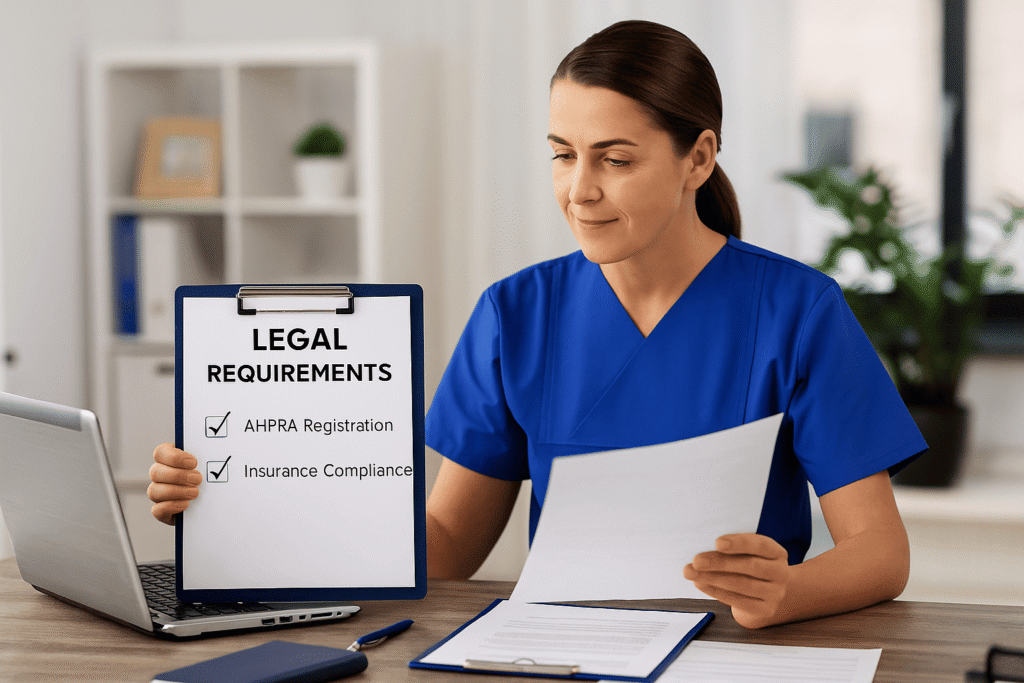 Australian nurse entrepreneur developing a business plan for a nurse-led aesthetic clinic, reviewing financial projections and planning strategies in a bright modern office