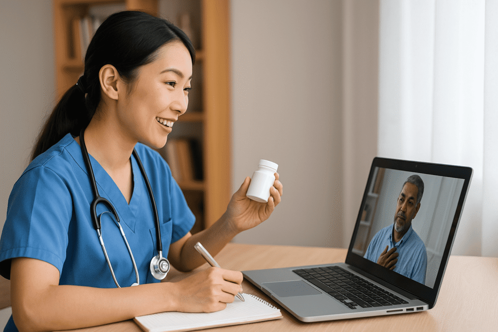Asian Australian nurse conducting a telehealth consultation with a patient on a laptop, symbolising modern digital healthcare and specialised nursing services in Australia.
