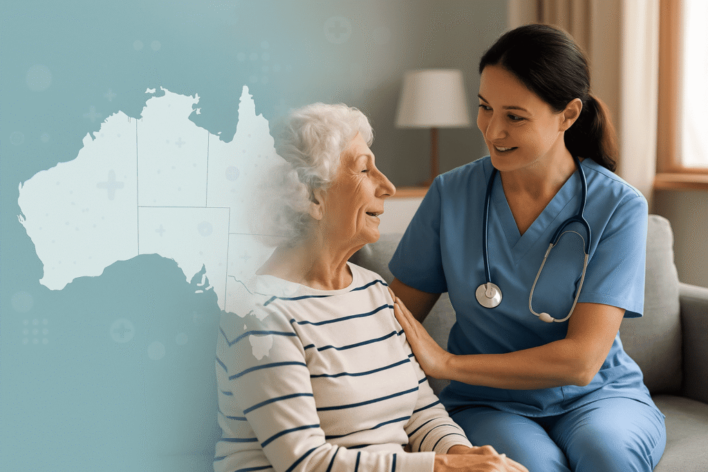 Australian nurse providing home care to elderly woman with soft overlay map of Australia, symbolizing the rise of community-based healthcare services