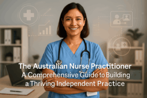 Confident Australian nurse practitioner in a modern clinic with digital healthcare icons, representing independent practice and entrepreneurship