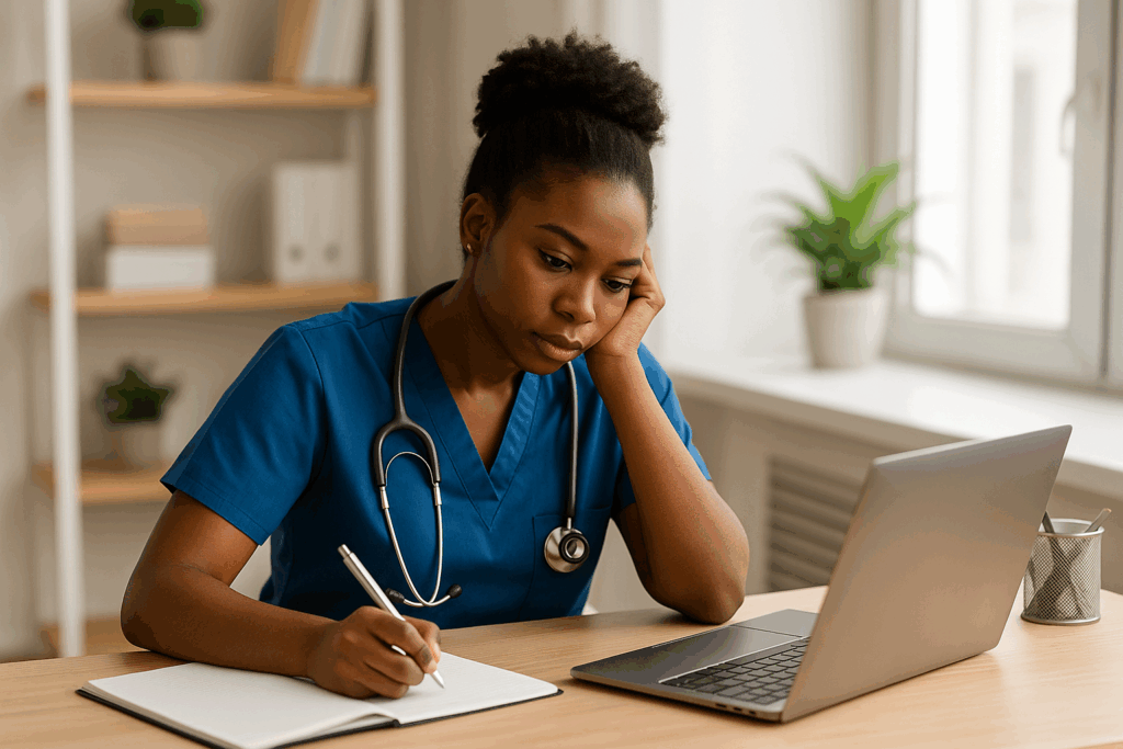 Black Australian nurse in scrubs writing business ideas at her desk with a laptop and stethoscope, representing creativity and professional empowerment.