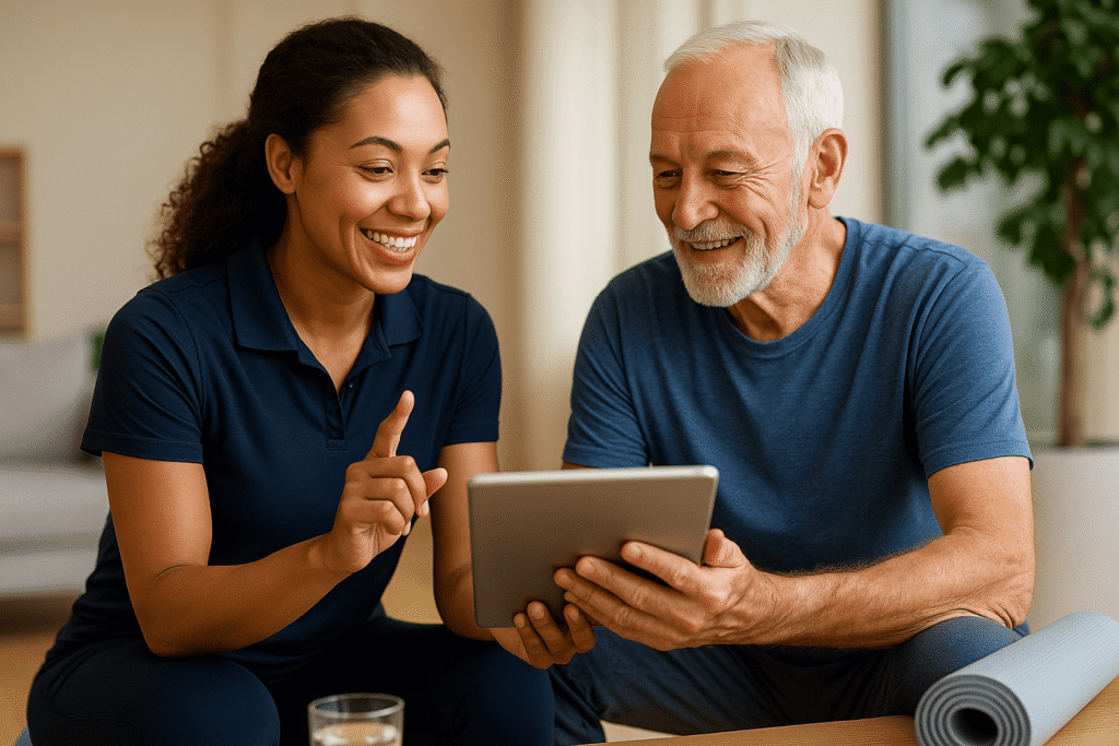 Australian nurse providing health and wellness coaching to an elderly client using a tablet in a bright, modern setting