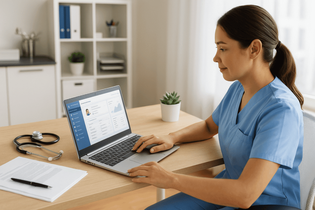Australian nurse using laptop with practice management software for digital patient records, representing efficiency in community healthcare operations