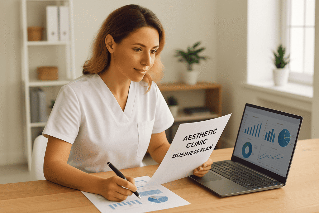 Nurse aesthetic practitioner welcoming a client into a modern luxury treatment room, representing a professional and comfortable aesthetic clinic experience