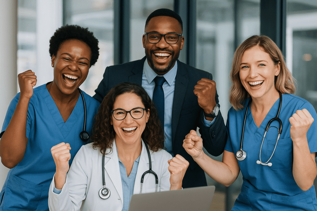 Diverse group of nurses celebrating a business milestone in a modern office, symbolising nurse entrepreneurship and leadership in Australia’s healthcare sector