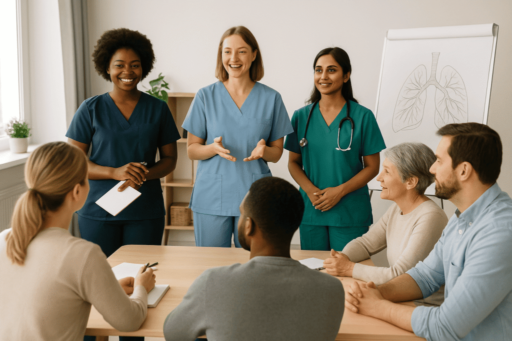 Diverse group of Australian nurses leading a health education workshop with adults, representing counselling, coaching, and empowerment in community healthcare.