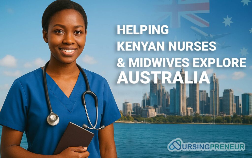 Kenyan nurse standing confidently against the Sydney skyline, symbolizing migration and new career opportunities in Australia for nurses and midwives.