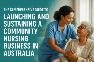 Australian community nurse helping elderly patient at home, representing compassion and professionalism in community healthcare entrepreneurship
