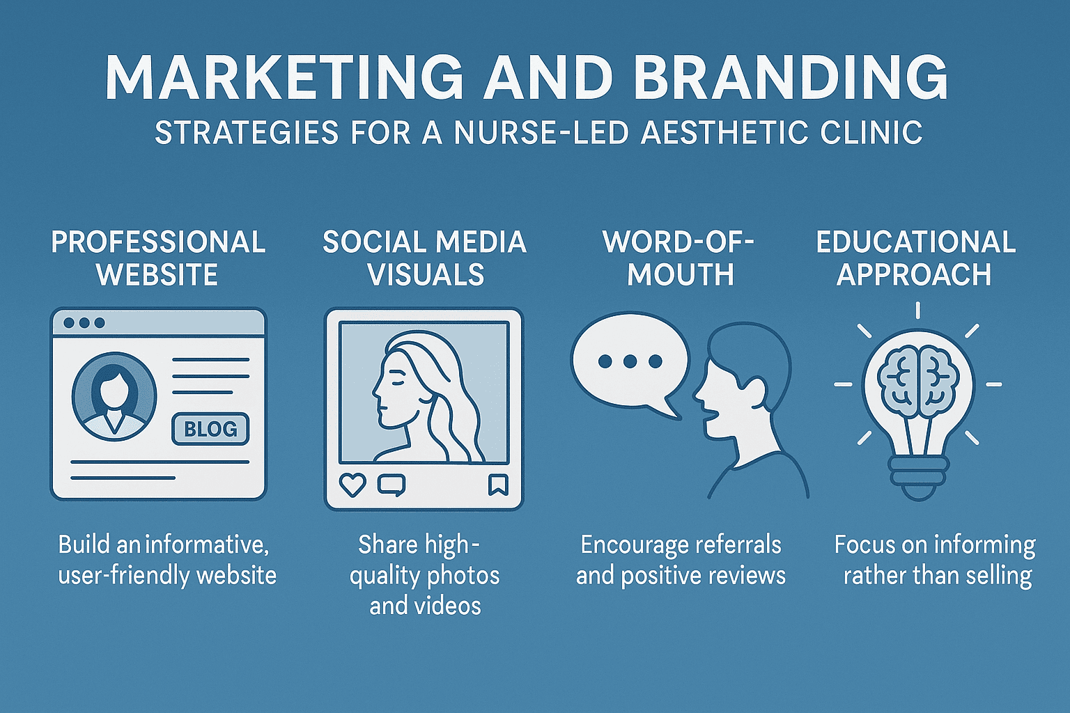 Infographic showing marketing and branding strategies for a nurse-led aesthetic clinic, including website creation, social media visuals, referrals, and educational approach