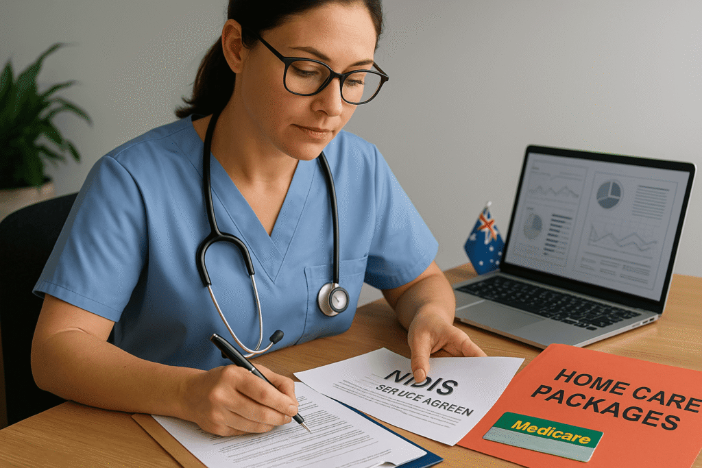 Australian community nurse reviewing NDIS and Home Care Package documents with Medicare card and laptop, representing policy and funding drivers in healthcare