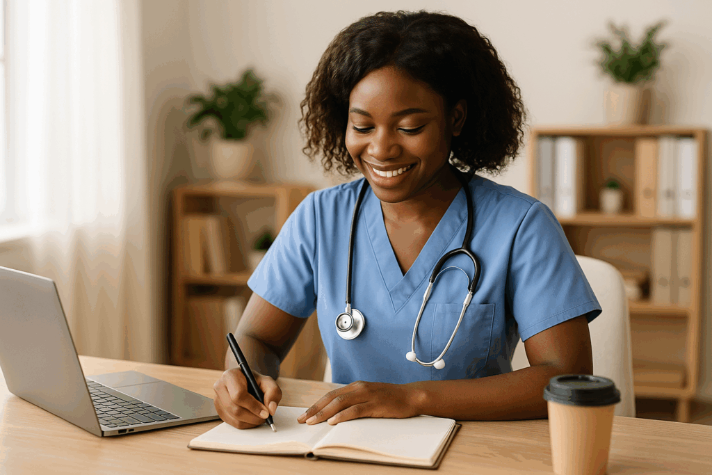 Black Australian nurse entrepreneur writing in her planner beside a laptop and coffee cup, symbolising planning, motivation, and business growth.
