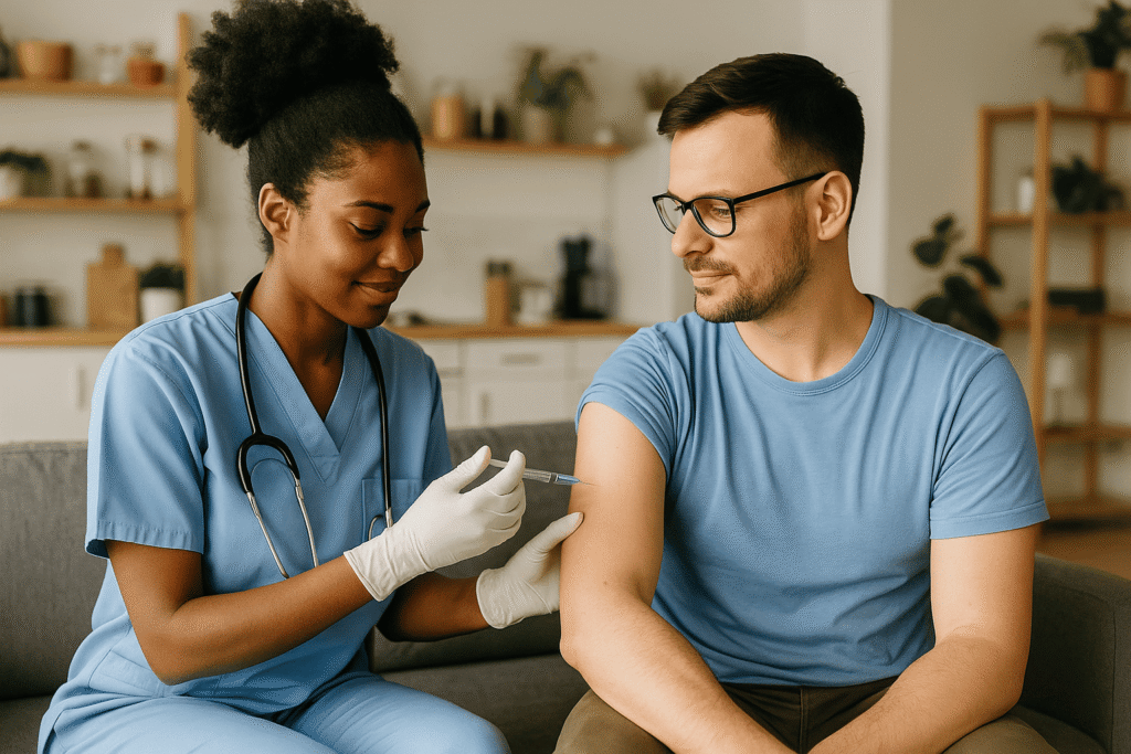 Black Australian nurse administering a vaccination to a patient in a home clinic, representing mobile healthcare and immunisation services in Australia.