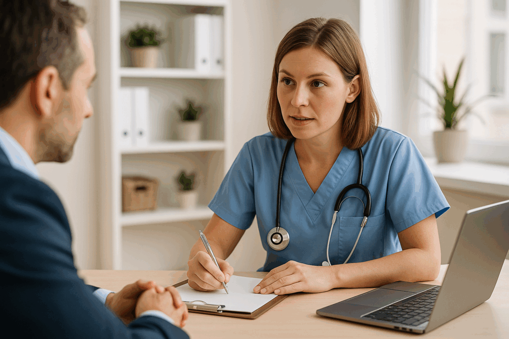 White Australian nurse in scrubs consulting with a business advisor, reviewing registration forms and financial documents in a modern office