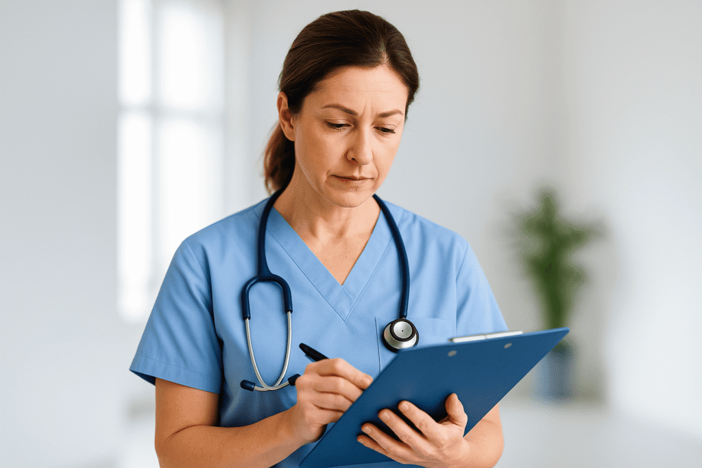 White Australian nurse entrepreneur in scrubs reviewing data and business charts in a bright modern workspace, representing the evolving landscape of nurse-led businesses