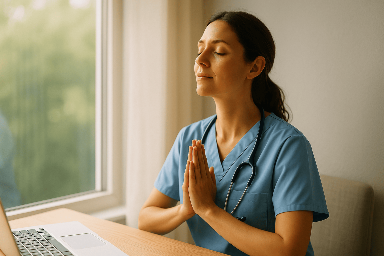 Australian community nurse meditating by window in sunlight, representing emotional balance, mindfulness, and self-care in healthcare entrepreneurship