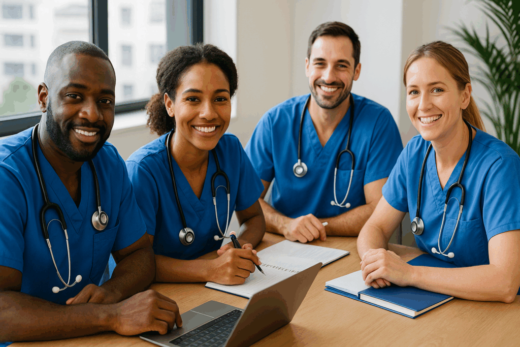 Diverse group of Australian nurses collaborating in a bright modern workspace, representing entrepreneurship and innovative business ideas in healthcare.