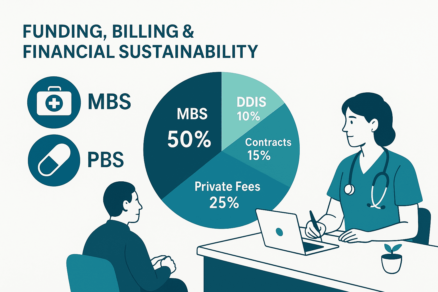 Infographic showing nurse practitioner funding and billing in Australia with MBS, PBS, private fees, contracts, and NDIS revenue streams