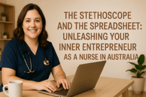 Australian nurse entrepreneur working on a laptop with a stethoscope and coffee in a modern workspace, representing the balance of healthcare and business success in Australia
