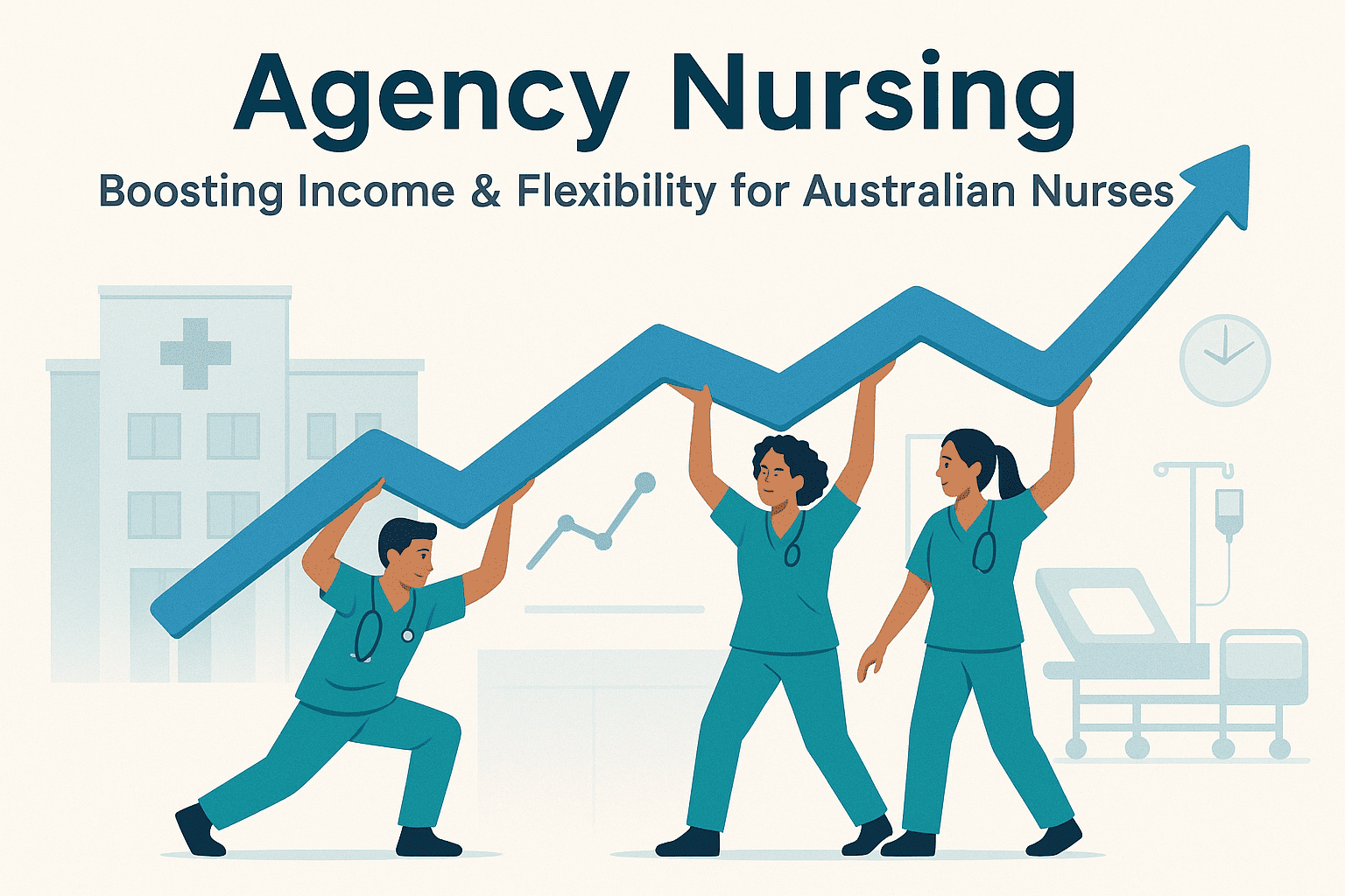 Australian nurses in scrubs lifting an upward arrow symbolising flexibility and increased income opportunities through agency nursing