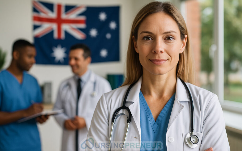 Australian healthcare professionals with national flag symbolising regulation, compliance, and consulting opportunities for nurses